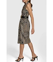 Donna Karan Abstract Print Sleeveless V-Neck Belted Printed Midi Dress