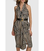 Donna Karan Abstract Print Sleeveless V-Neck Belted Printed Midi Dress