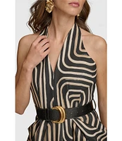 Donna Karan Abstract Print Sleeveless V-Neck Belted Printed Midi Dress