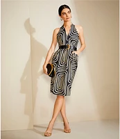 Donna Karan Abstract Print Sleeveless V-Neck Belted Printed Midi Dress