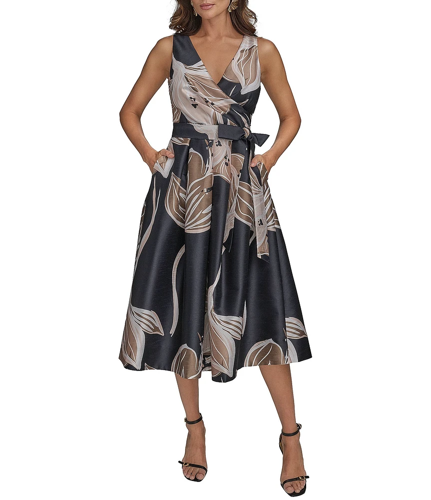 Donna Karan Sleeveless V-Neck Floral A-Line Dress