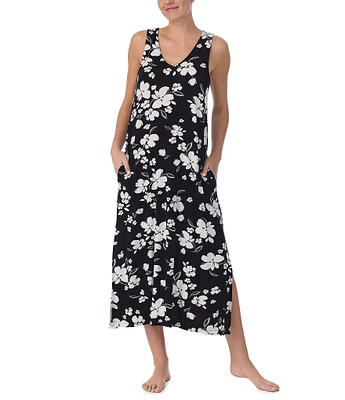 Donna Karan Sleeveless V-Neck Floral Jersey Knit Lounge Dress