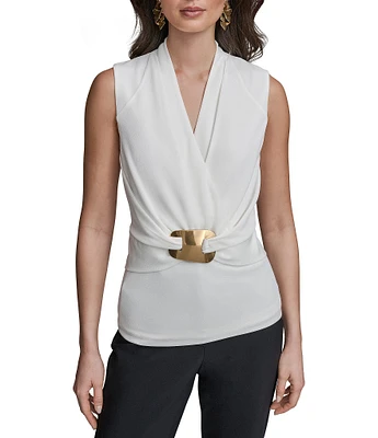 Donna Karan Sleeveless Wrap Front Hardware Blouse