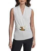 Donna Karan Sleeveless Wrap Front Hardware Blouse