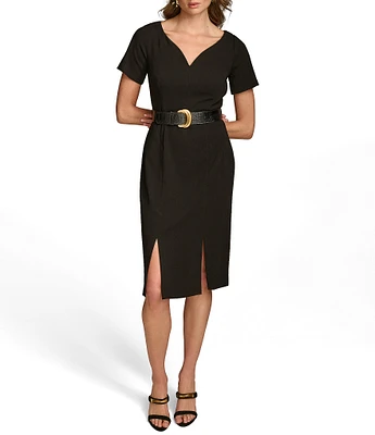 Donna Karan Solid Cady Crepe V-Neck Short Sleeves Belted Sheath Dress