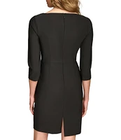 Donna Karan Solid Double Knit Asymmetrical Neck 3/4 Sleeves Sheath Dress