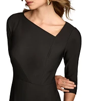 Donna Karan Solid Double Knit Asymmetrical Neck 3/4 Sleeves Sheath Dress