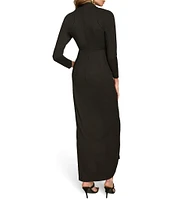 Donna Karan Solid Filament Jersey Surplice V-Neck Long Sleeves Front Slit Faux Wrap Dress