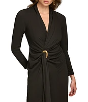 Donna Karan Solid Filament Jersey Surplice V-Neck Long Sleeves Front Slit Faux Wrap Dress