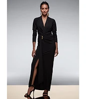 Donna Karan Solid Filament Jersey Surplice V-Neck Long Sleeves Front Slit Faux Wrap Dress