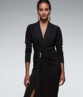 Donna Karan Solid Filament Jersey Surplice V-Neck Long Sleeves Front Slit Faux Wrap Dress