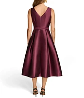 Donna Karan Solid Twill Satin Surplice V-Neck Sleeveless A-Line Midi Dress