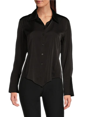 Donna Karan Spread Collar Long Sleeve Pointed Hem Button Down Blouse