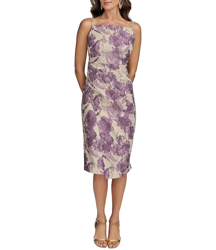 Donna Karan Square Neck Brocade Sleeveless Sheath Midi Dress