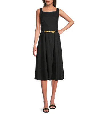 Donna Karan Square Neck Sleeveless A-Line Belted Midi Dress