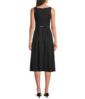 Donna Karan Square Neck Sleeveless A-Line Belted Midi Dress