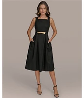 Donna Karan Square Neck Sleeveless A-Line Belted Midi Dress