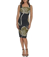 Donna Karan Square Neck Sleeveless Floral Print Sheath Dress