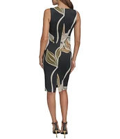 Donna Karan Square Neck Sleeveless Floral Print Sheath Dress