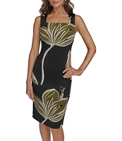 Donna Karan Square Neck Sleeveless Floral Print Sheath Dress