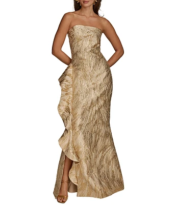 Donna Karan Strapless Cascade Ruffle Brocade Sheath Gown