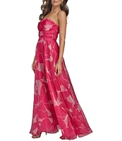 Donna Karan Strapless Floral Print Organza A-Line Gown