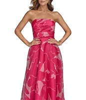 Donna Karan Strapless Floral Print Organza A-Line Gown