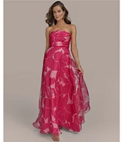 Donna Karan Strapless Floral Print Organza A-Line Gown