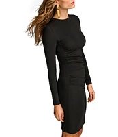 Donna Karan Stretch Crepe Crew Neck Long Sleeve Ruched Bodycon Dress