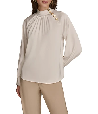 Donna Karan Stretch Satin Gold-Button Mock Neck Long Sleeve Top