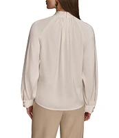 Donna Karan Stretch Satin Gold-Button Mock Neck Long Sleeve Top