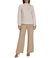 Donna Karan Stretch Satin Gold-Button Mock Neck Long Sleeve Top