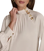 Donna Karan Stretch Satin Gold-Button Mock Neck Long Sleeve Top