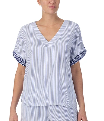 Donna Karan Striped Short Sleeve V-Neck Seersucker Coordinating Sleep Top