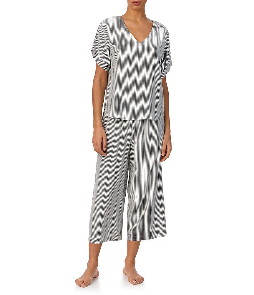 Donna Karan Striped Short Sleeve V Neck Woven Cropped Pajama Set