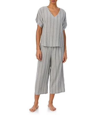 Donna Karan Striped Short Sleeve V Neck Woven Cropped Pajama Set