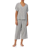 Donna Karan Striped Short Sleeve V Neck Woven Cropped Pajama Set