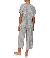 Donna Karan Striped Short Sleeve V Neck Woven Cropped Pajama Set