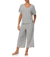 Donna Karan Striped Short Sleeve V Neck Woven Cropped Pajama Set