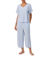 Donna Karan Striped Short Sleeve V Neck Woven Cropped Pajama Set