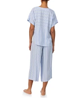 Donna Karan Striped Short Sleeve V Neck Woven Cropped Pajama Set