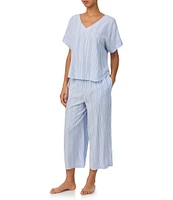 Donna Karan Striped Short Sleeve V Neck Woven Cropped Pajama Set