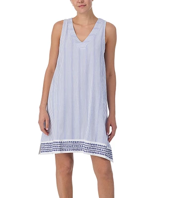 Donna Karan Striped Sleeveless V-Neck Seersucker Short Chemise