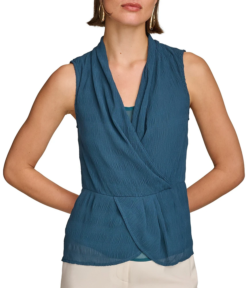 Donna Karan Surplice V Neckline Sleeveless Faux Wrap Top