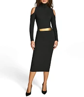 Donna Karan Sweater Knit Mock Neck Long Cold Shoulder Belted Sheath Dress