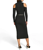 Donna Karan Sweater Knit Mock Neck Long Cold Shoulder Belted Sheath Dress