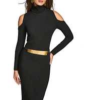 Donna Karan Sweater Knit Mock Neck Long Cold Shoulder Belted Sheath Dress