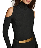 Donna Karan Sweater Knit Mock Neck Long Cold Shoulder Belted Sheath Dress