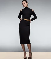 Donna Karan Sweater Knit Mock Neck Long Cold Shoulder Belted Sheath Dress