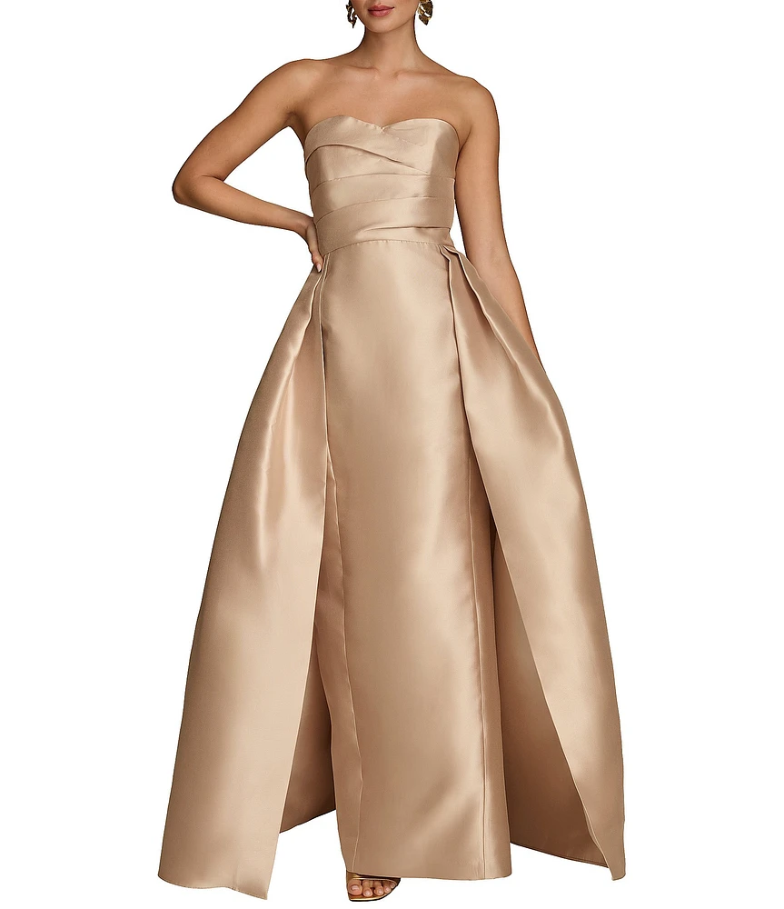 Donna Karan Sweetheart Strapless Neck Overlay Skirt Twill Satin Sheath Gown